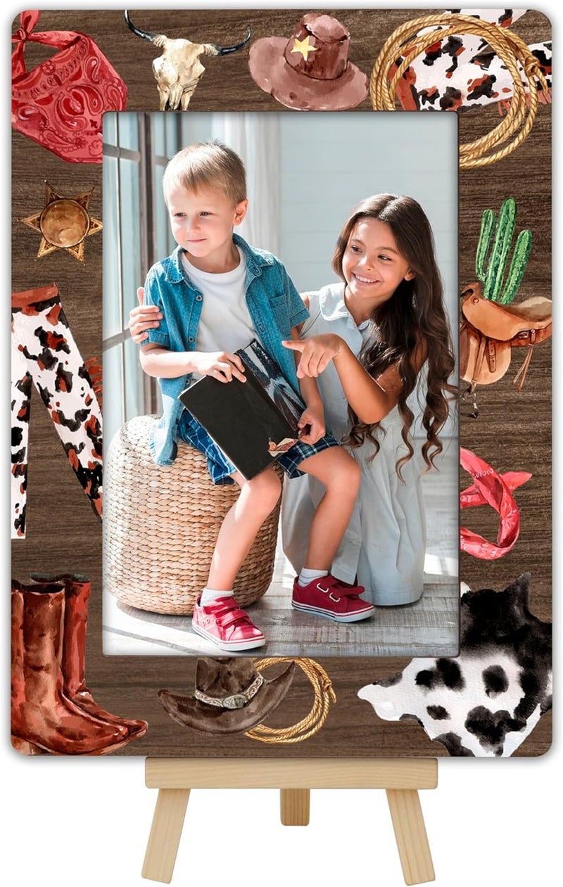 OXRUN Wild Western 4x6 Picture Frame, Cowboy Wooden Photo Frame with Easel, Display Photo Insert, Newborn Gifts, Nursery Decor - A08 - Image 1